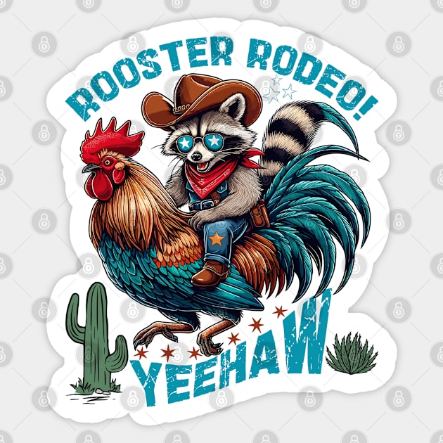 Funny Cowboy Raccoon Riding Rooster Rodeo Western Sticker by JessArty